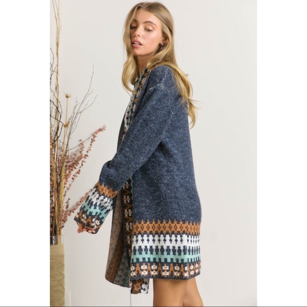 Tribal Native Print Open Front Oversized Navy Boho Cardigan - Picture 3 of 5